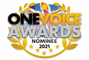 Graphic badge for voiceover awards finalists, with text reading: One Voice Awards Nominee 2021